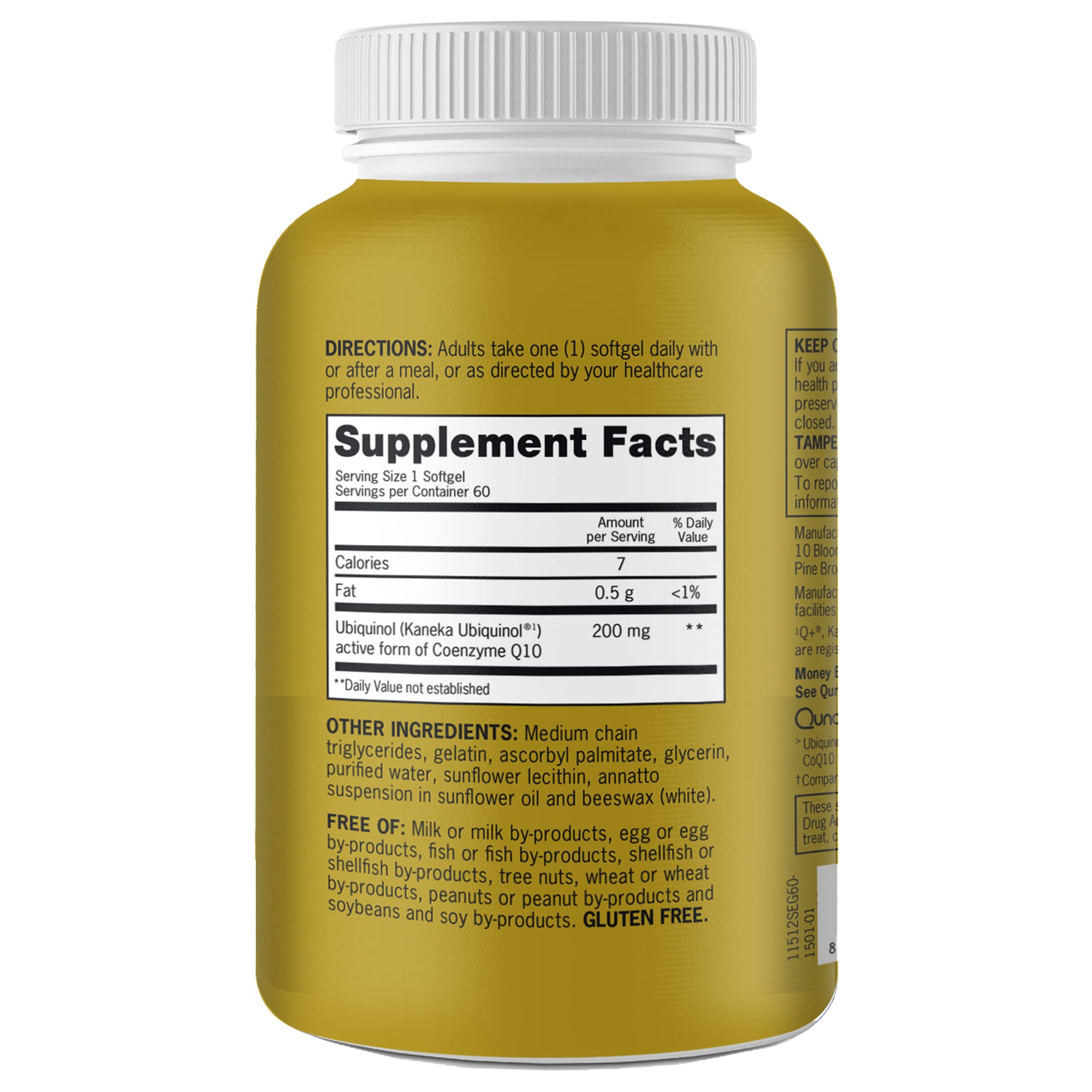 Qunol Ubiquinol CoQ10 200mg softgels gold bottle back label showing Supplement Facts and ingredient list