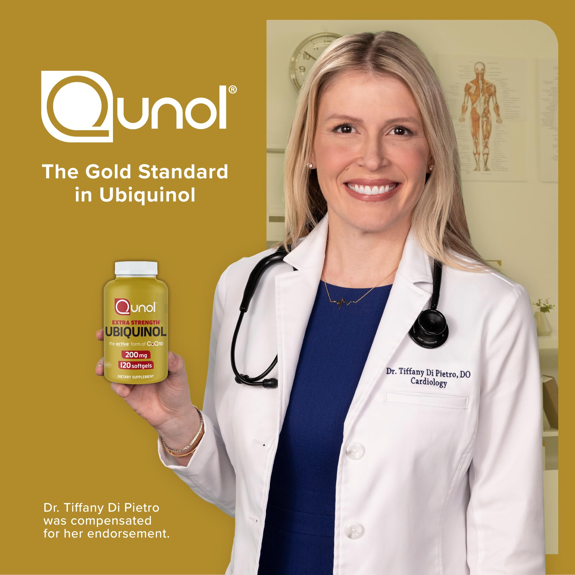 Female cardiologist holding bottle of Qunol Ubiquinol CoQ10 200mg softgels against gold backdrop