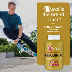 Tony Hawk endorsement image showing Qunol Ubiquinol CoQ10 200mg softgels bottle and skateboarder