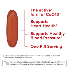 Qunol Ubiquinol CoQ10 200mg softgels. Single brown softgel with text highlighting active CoQ10 heart and blood pressure support