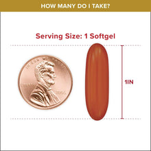 Serving size chart showing 1 softgel and a Ubiquinol softgel capsule