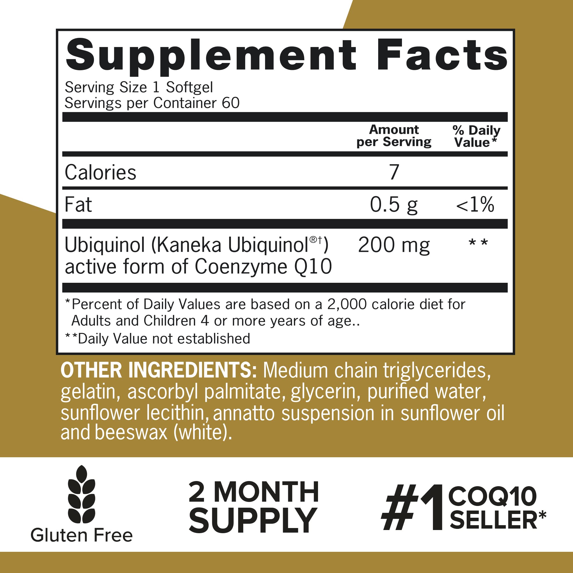 Supplement facts label and two month supply badge for Qunol Ubiquinol CoQ10 200mg softgels