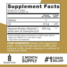 Supplement Facts panel for Ubiquinol 200 mg softgels with ingredient list