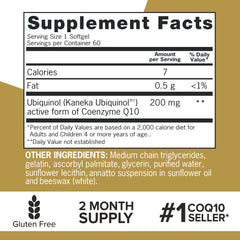 Supplement facts label and two month supply badge for Qunol Ubiquinol CoQ10 200mg softgels