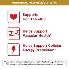 Ubiquinol wellness benefits icons for heart health, vascular health, and energy