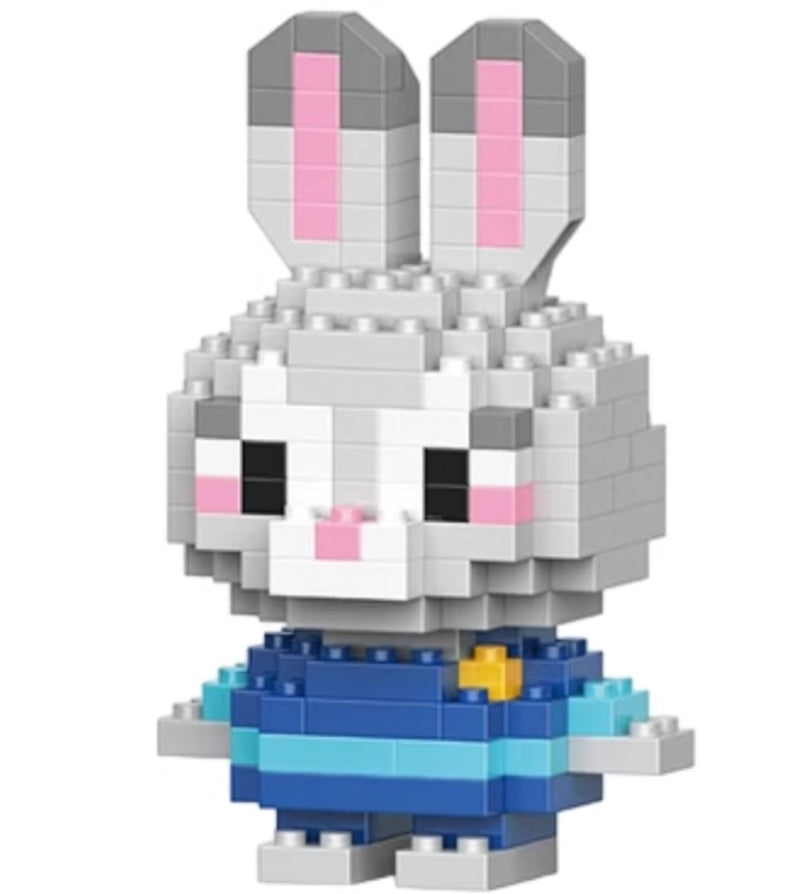 Huitich rabbit pixel block toy building set featuring a gray and white bunny with pink ears in a blue outfit