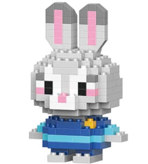 Huitich rabbit pixel block toy building set featuring a gray and white bunny with pink ears in a blue outfit