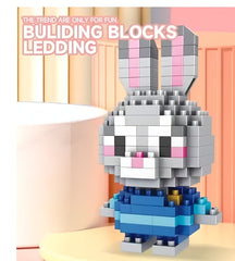 Huitich rabbit pixel block toy building set with gray and pink ears and blue outfit