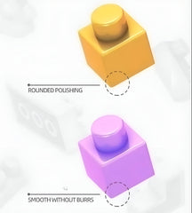 Close-up of yellow and purple building blocks with rounded polishing and smooth without burrs for rabbit pixel block toy