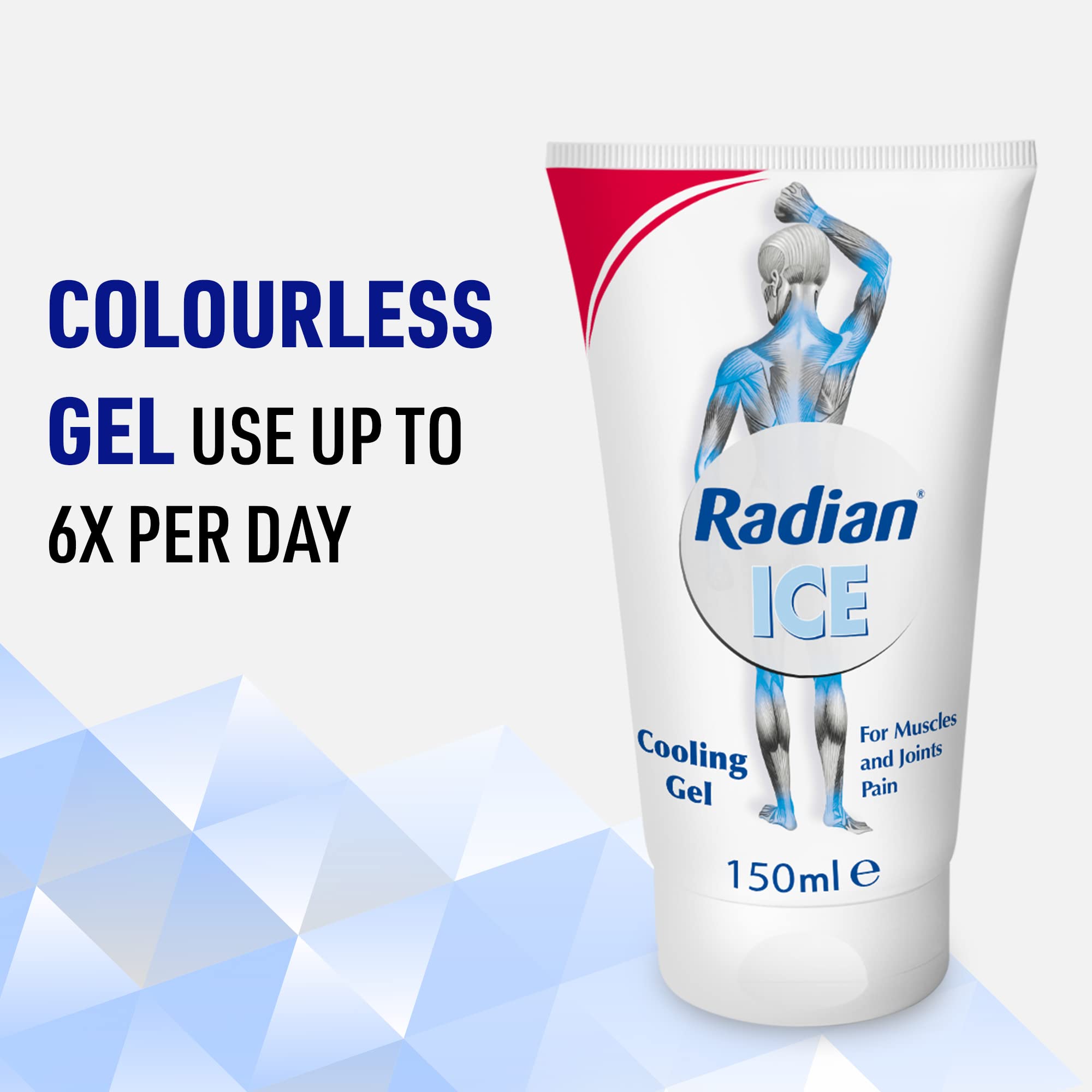 Radian Ice 150ml colorless cooling gel tube with anatomical muscle illustration and use up to 6x per day muscle pain relief gel