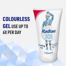 Radian ICE cooling gel tube (150ml), colourless gel front label with blue figure.