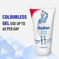 Radian Ice 150ml colorless cooling gel tube with anatomical muscle illustration and use up to 6x per day muscle pain relief gel