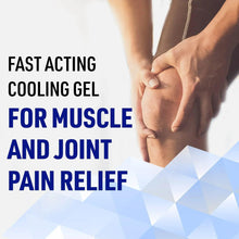 Hands applying cooling gel to knee area for muscle and joint pain relief.