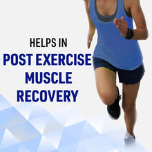 Runner legs with post-exercise muscle recovery text overlay.