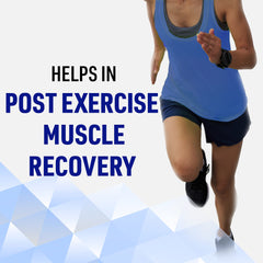 Female runner in blue tank and shorts with text post exercise muscle recovery promoting Radian muscle pain relief gel