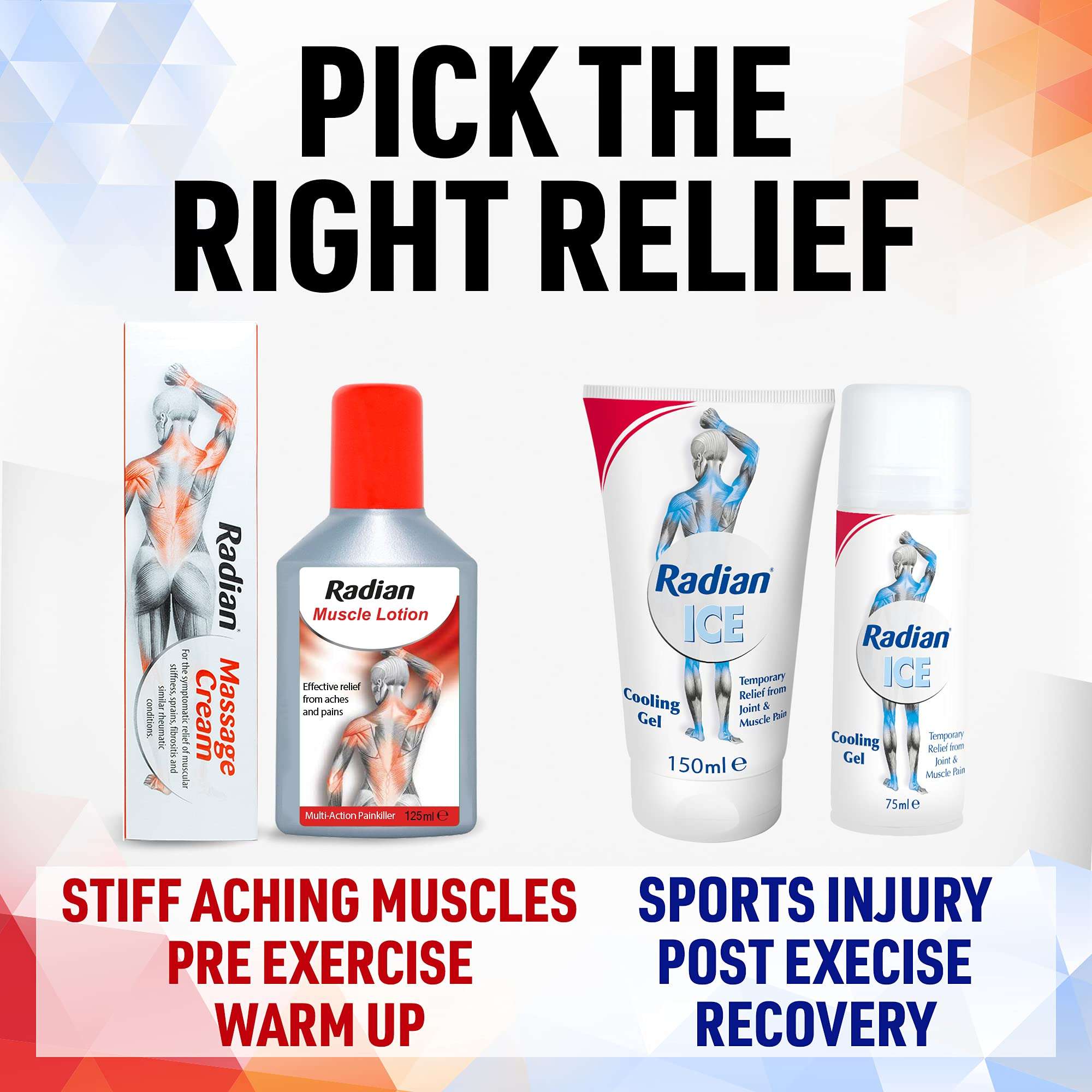 Radian muscle pain relief gel tube and roll on with muscle lotion and massage cream for recovery