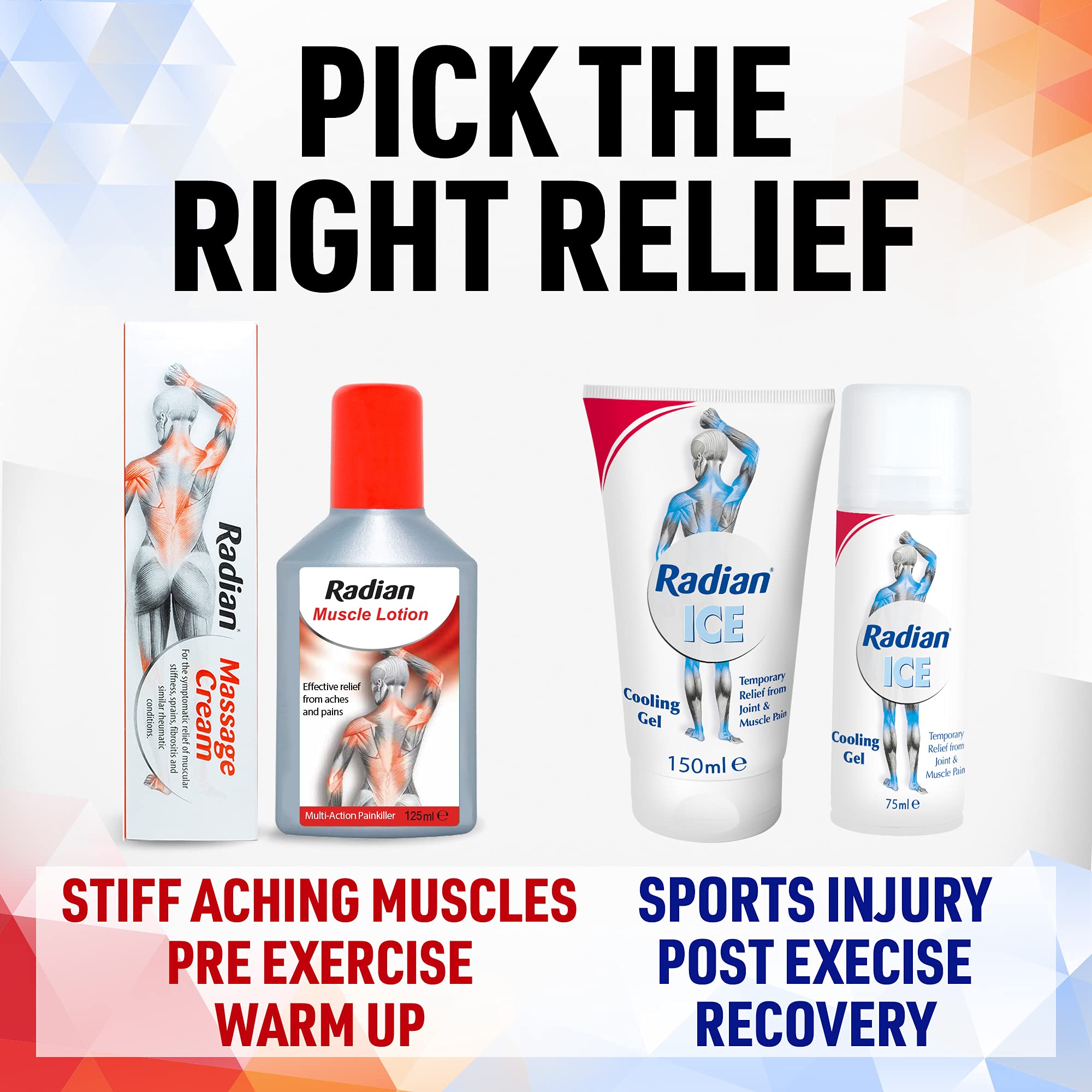 Radian muscle pain relief gel tube and roll on with muscle lotion and massage cream for recovery