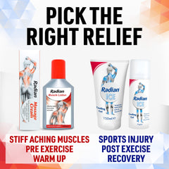 Radian muscle pain relief gel tube and roll on with muscle lotion and massage cream for recovery