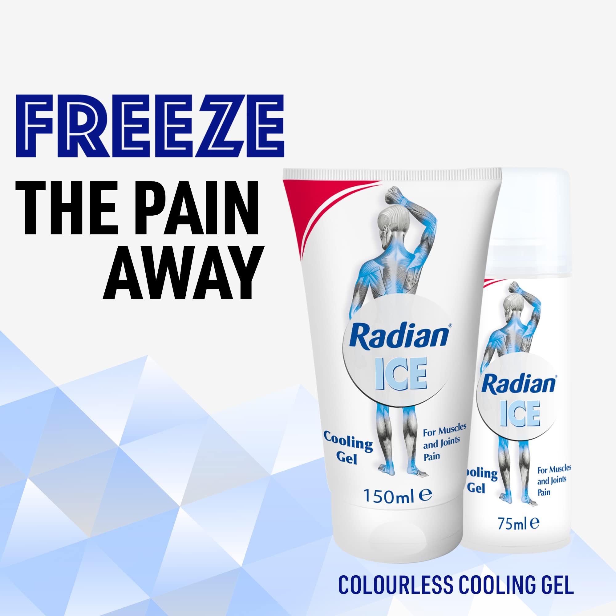 Radian ICE cooling gel tubes 150ml and 75ml with Freeze The Pain Away graphic for muscle pain relief gel