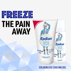 Radian ICE cooling gel tubes 150ml and 75ml with Freeze The Pain Away graphic for muscle pain relief gel