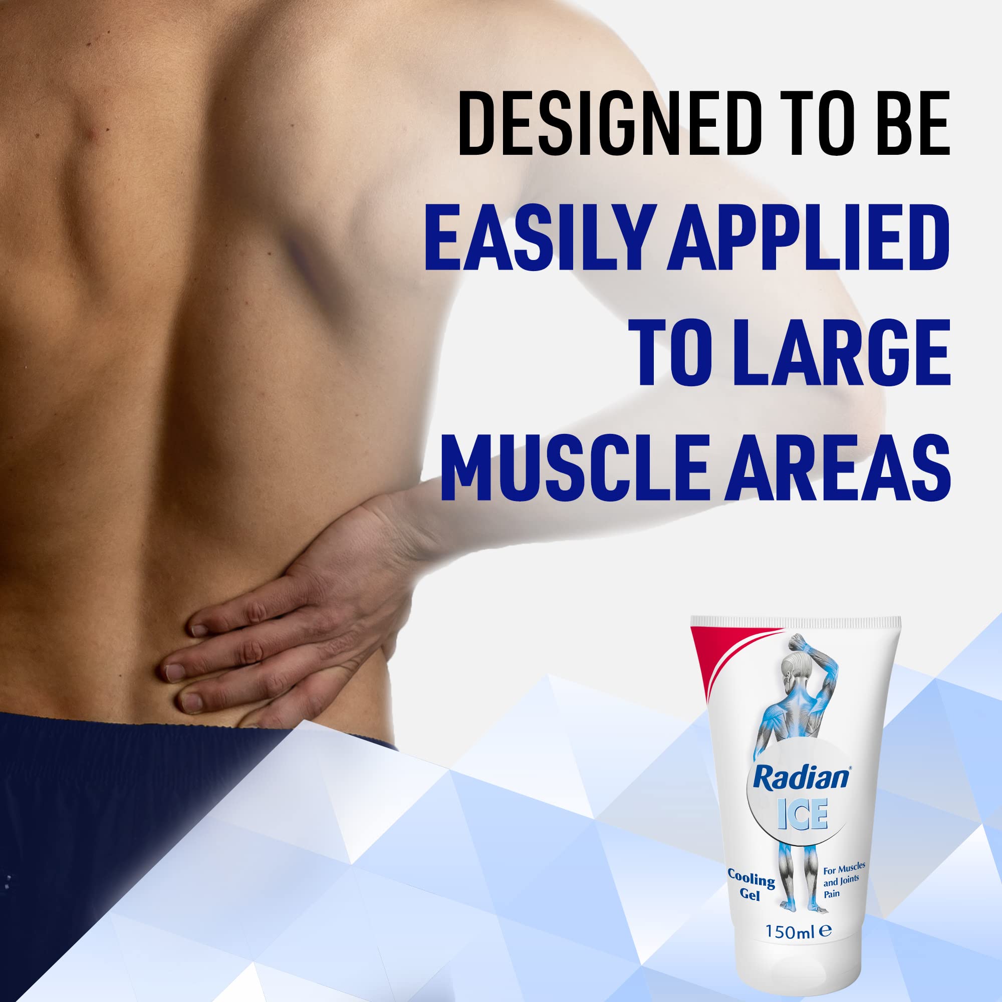 Radian Ice cooling gel tube with man holding lower back demonstrating easy application to large areas muscle pain relief gel