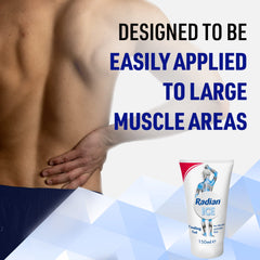 Radian Ice cooling gel tube with man holding lower back demonstrating easy application to large areas muscle pain relief gel
