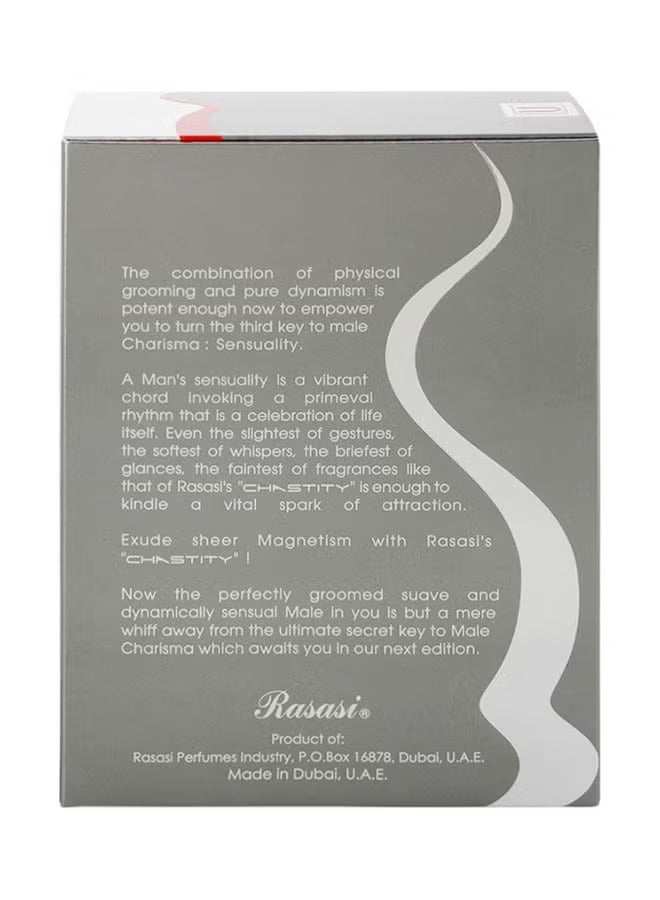 Rasasi Chastity Eau de Parfum for Men, showcasing a sleek packaging design with sensory allure