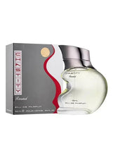 Chastity Rasasi Eau de Parfum bottle and box set, 100 ml, clear glass, dark cap.