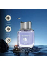 Men's blue eau de parfum bottle with silver cap and scent icons