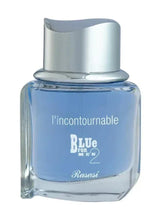 Men's blue eau de parfum bottle with silver cap, square glass