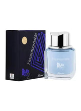 Men's blue eau de parfum set: bottle with silver cap and dark box