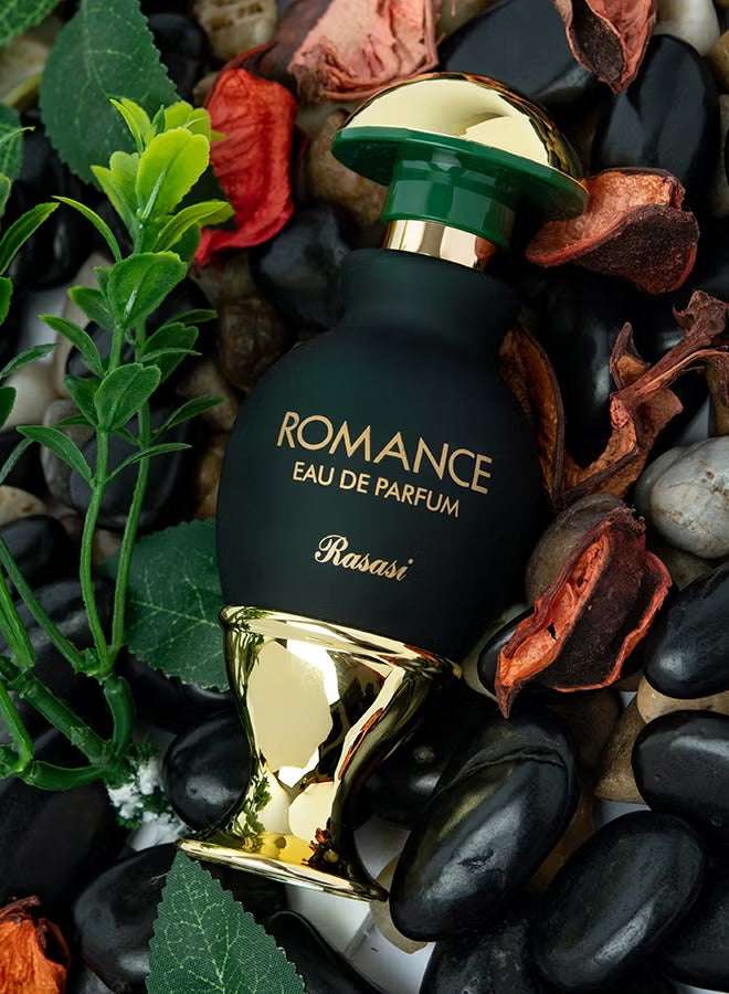 Rasasi Romance Eau de Parfum 45ml in an elegant bottle surrounded by natural stones and greenery