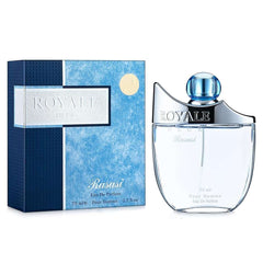 Rasasi Royale Blue Men perfume 75ml Eau De Parfum bottle with matching blue and silver box