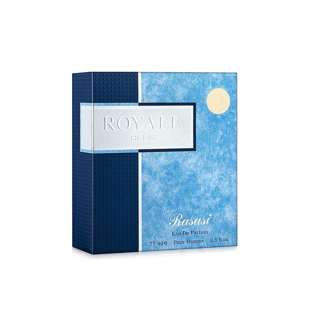 Rasasi Royale Blue Men perfume packaging in blue box with white label and 75 ml size