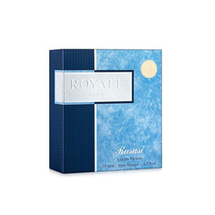 Rasasi Royale Blue Men perfume packaging in blue box with white label and 75 ml size