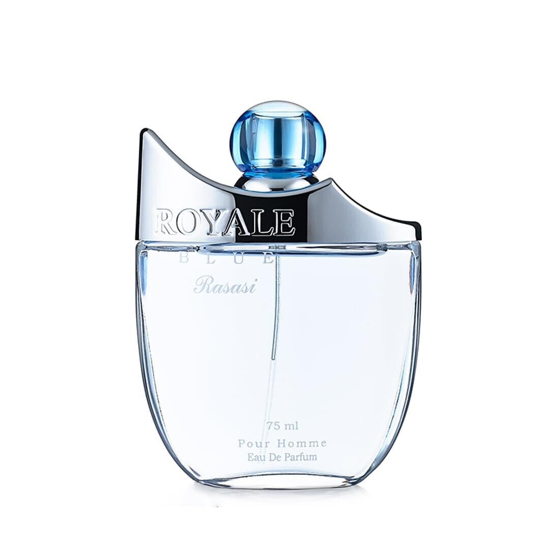 Rasasi Royale Blue Men perfume 75ml Eau De Parfum in transparent bottle with blue cap