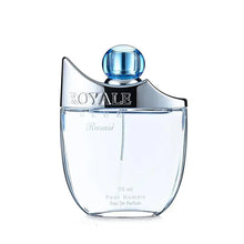 Men’s eau de parfum bottle with blue cap and clear glass, ROYALE label
