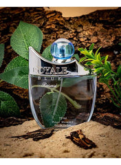 Rasasi Royale Blue perfume for men in a sleek bottle with nature-inspired decor