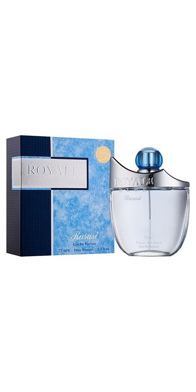 Rasasi Royale Blue perfume for men in elegant bottle with blue cap and stylish packaging