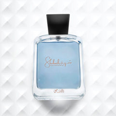 Rasasi Shuhrah for Men perfume bottle with blue liquid and black cap by RASASI