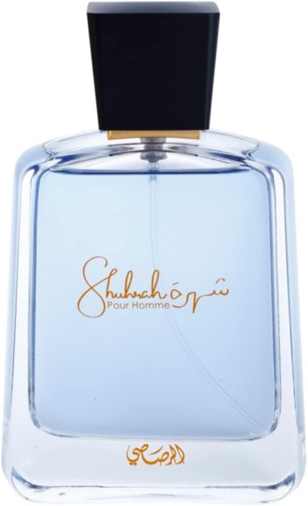Clear glass bottle of Rasasi Shuhrah for Men perfume with black cap and gold lettering