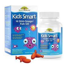 Kids omega-3 fish oil supplement box and bottle with blue label and Real Health branding