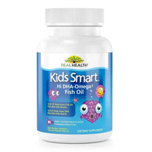 Kids omega-3 fish oil supplement bottle with white cap and blue Real Health label