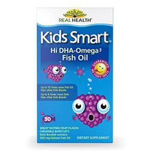 Kids omega-3 fish oil supplement box with blue front label and Real Health logo