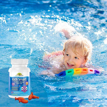 Kids omega-3 fish oil supplement bottle and box with child in swimming water