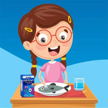 Kids omega-3 fish oil supplement box beside cartoon child holding a glass