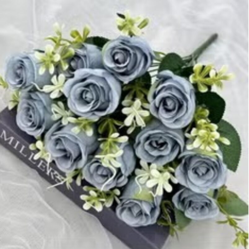 Huitich realistic blue faux floral bouquet with soft blue roses and small white flowers