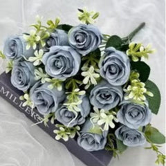 Huitich realistic blue faux floral bouquet with soft blue roses and small white flowers