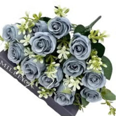 Huitich realistic blue faux floral bouquet with blue rose-like artificial flowers and green foliage