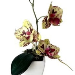 Huitich realistic faux orchids for home decor with yellow and red spotted petals in white pot